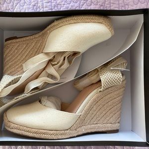 J Crew canvas closed toe canvas lace up high wedge espadrille
